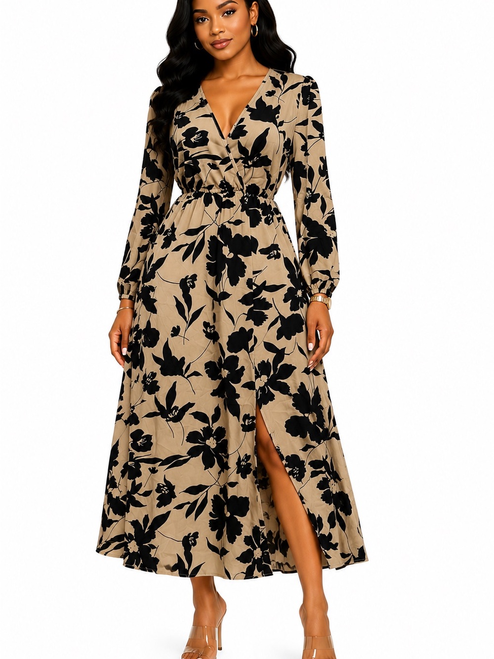 Beige and Black Floral Wrap Maxi Dress - Elegant V-Neck